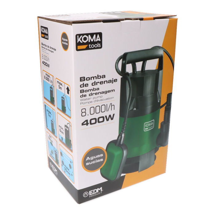 Koma Tools Bomba Drenaje Aguas Sucias BAS-400 400W 8000 L/H Sumergible Automática