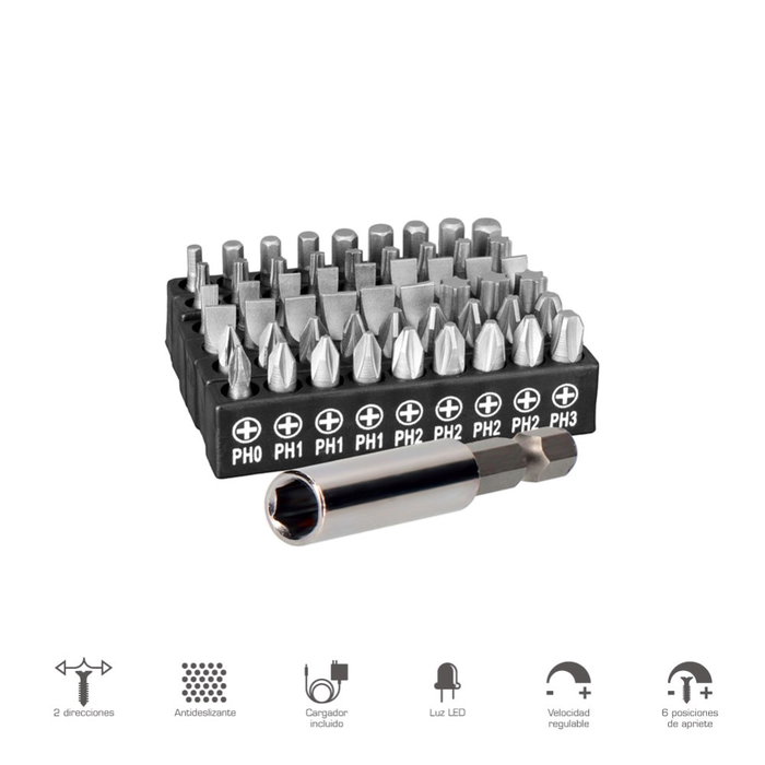 Koma Tools Atornillador Recargable 3.6V con Batería 1300mAh, Cargador, Portapuntas y 54 Puntas, Mango Antideslizante 2 Posiciones, 6 Ajustes de Par, Luz LED