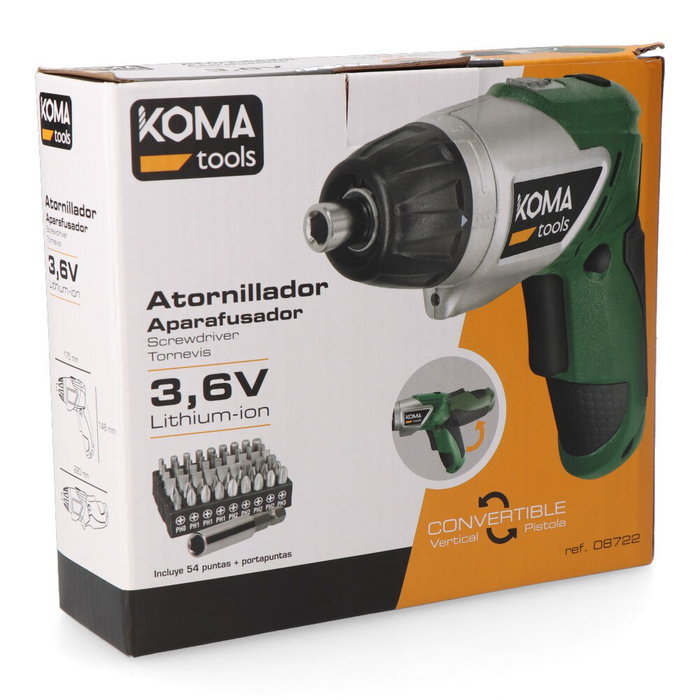 Koma Tools Atornillador Recargable 3.6V con Batería 1300mAh, Cargador, Portapuntas y 54 Puntas, Mango Antideslizante 2 Posiciones, 6 Ajustes de Par, Luz LED