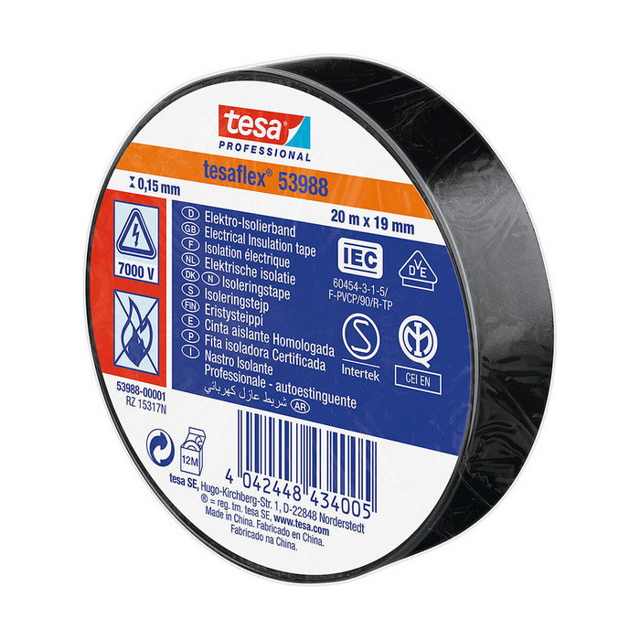 Tesa Cinta Aislante Eléctrica Professional 53988 Negro 19 mm x 20 m