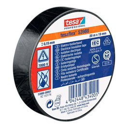 Tesa Cinta Aislante Eléctrica Professional 53988, PVC Blanda 19 mm x 20 m, Negro, Certificada IEC/VDE, 7000 V