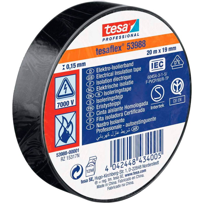Tesa Cinta Aislante Profesional 53988, 19 mm x 20 m, Negro Tesa Cinta Aislante Profesional 53988, 19 mm x 20 m, Negro