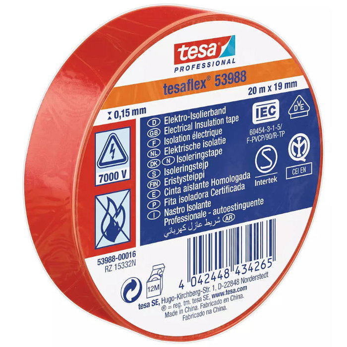 Tesa Cinta aislante homologada roja 19 mm x 20 m Tesa Cinta aislante homologada roja 19 mm x 20 m