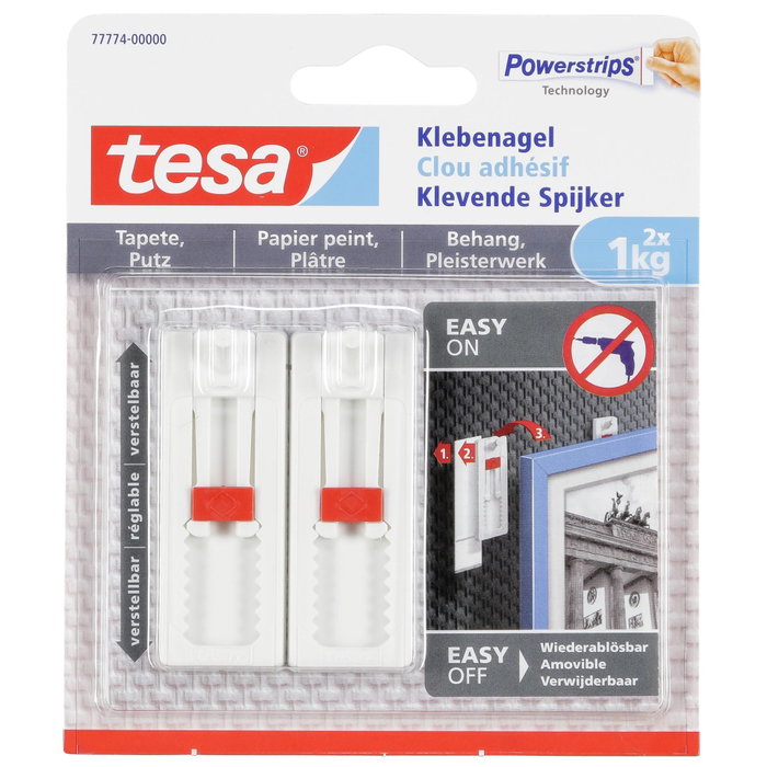 Tesa Clavo Adhesivo Ajustable para Pared Pintada y Yeso, Pack de 2