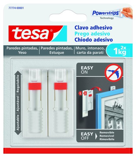 Tesa Clavo Adhesivo Ajustable para Pared Pintada y Yeso, Pack de 2