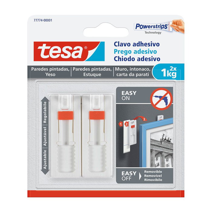Tesa Clavo Adhesivo Ajustable para Pared Pintada y Yeso, Pack de 2