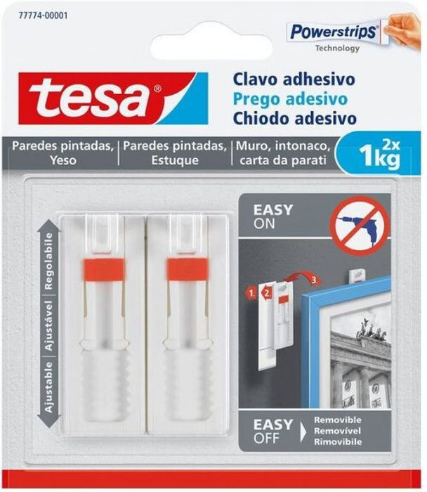 Tesa Clavo Adhesivo Ajustable para Pared Pintada y Yeso, Blanco