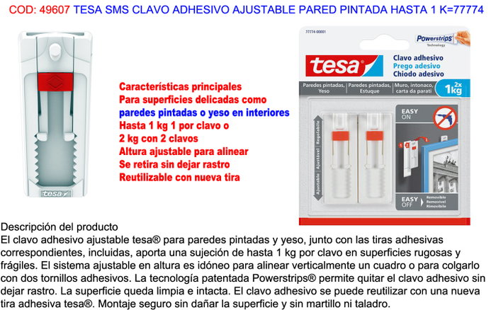 Tesa Clavo Adhesivo Ajustable para Pared Pintada y Yeso, Pack de 2