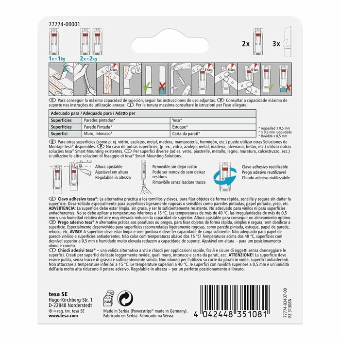 Tesa Clavo Adhesivo Ajustable para Pared Pintada y Yeso, Pack de 2