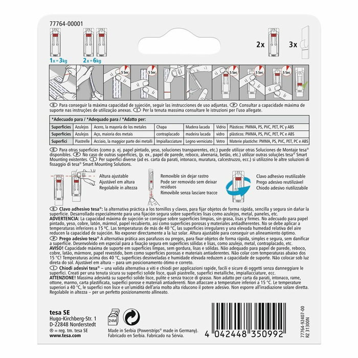 Tesa Clavo Adhesivo Ajustable para Azulejos y Metal hasta 3 kg (Pack de 2)