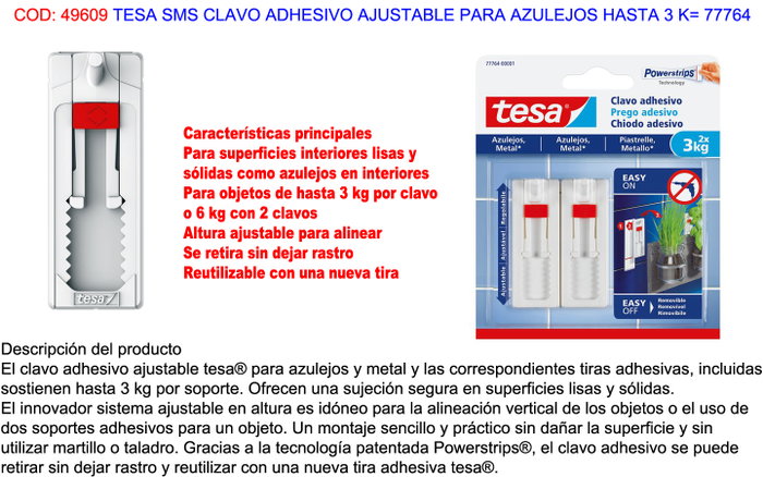 Tesa Clavo Adhesivo Ajustable para Azulejos y Metal hasta 3 kg Tesa Clavo Adhesivo Ajustable para Azulejos y Metal hasta 3 kg