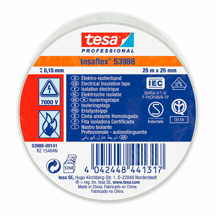 Tesa Cinta aislante homologada blanca 25 mm x 25 m
