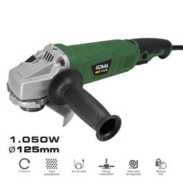 Koma Tools Amoladora Angular Eléctrica AM-1050, 1050W, Ø125mm, 11000 rpm, Maletín Incluido, Mango Multiposición, Interruptor de Seguridad