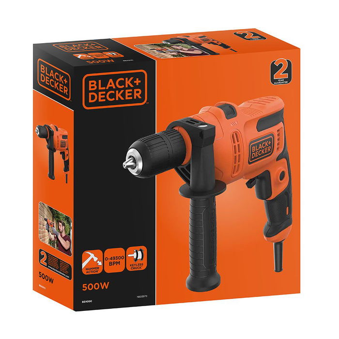 Black+Decker Taladro Percutor con Cable 500W, 2900 RPM, 49300 IPM, Portabrocas 13mm, Para Hormigón 13mm, Acero 13mm, Madera 20mm, 230-240V