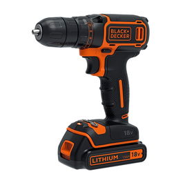 Black+Decker BD18KA Taladro Atornillador Percutor 18V con Batería de Litio, Cargador y Maletín, Portabrocas 10mm, 2 Velocidades, Función Reversible y Luz LED