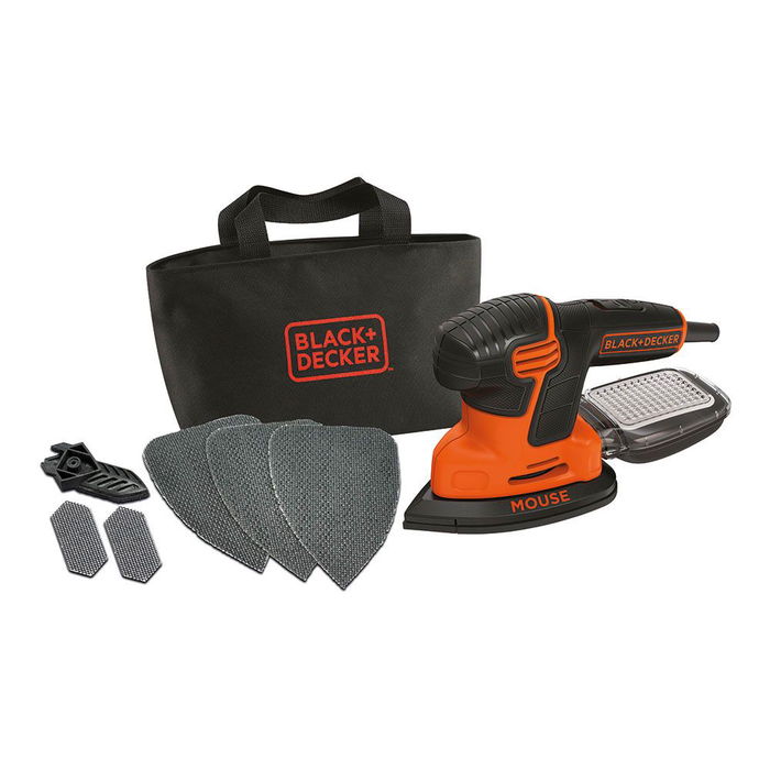 Black+Decker Lijadora de Detalle Mouse KA2000-QS 120W 14.000rpm con Depósito de Polvo y 6 Accesorios, Incluye 3 Hojas de Malla