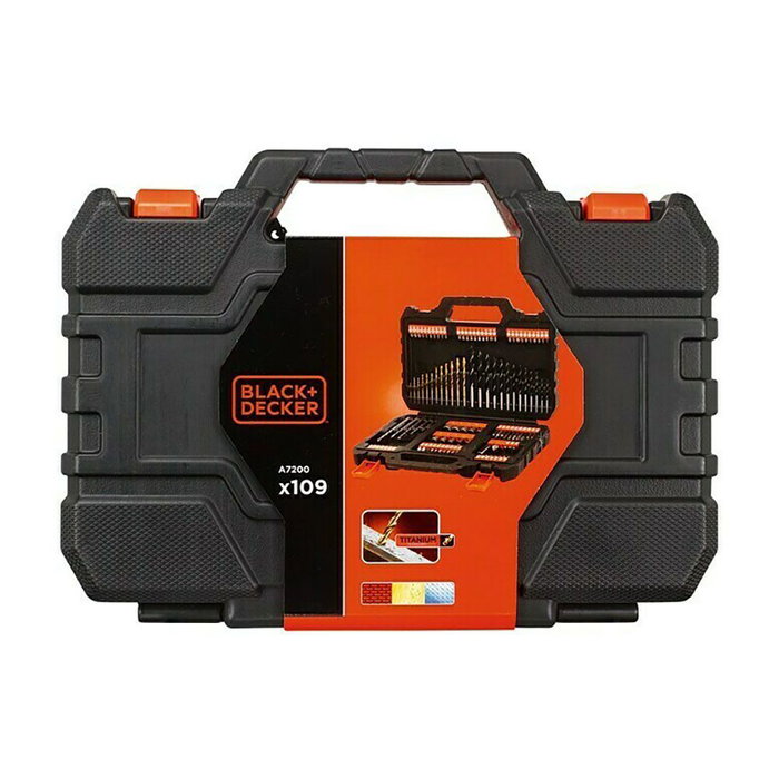 Black+Decker Juego 109 Piezas Brocas y Puntas Titanio para Taladrar y Atornillar con Maletín de Transporte