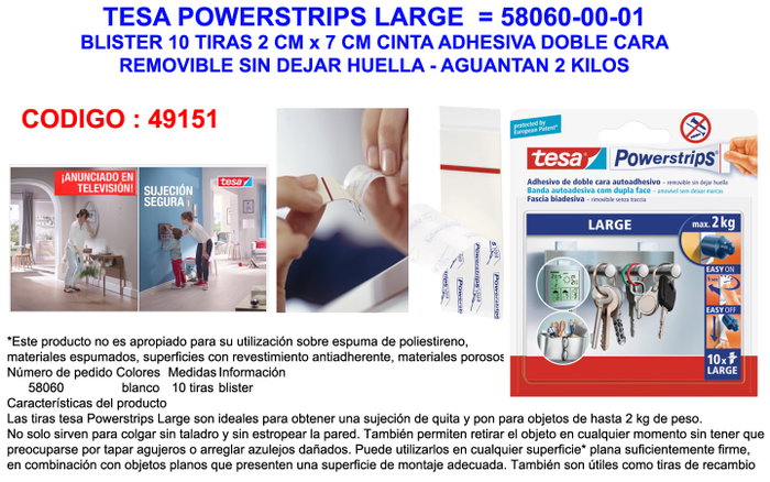 Tesa Powerstrips Tiras adhesivas de doble cara grandes, 10 unidades Tesa Powerstrips Tiras adhesivas de doble cara grandes, 10 unidades