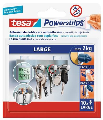 Tesa Powerstrips Tiras adhesivas de doble cara grandes, 10 uds
