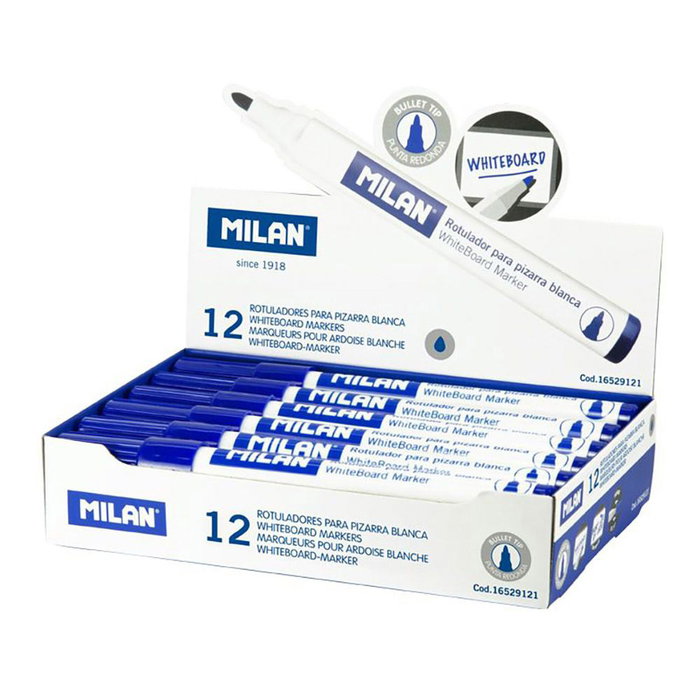 Milan Rotuladores para Pizarra Blanca Punta Redonda Azul, Caja de 12 Unidades Milan Rotuladores para Pizarra Blanca Punta Redonda Azul, Caja de 12 Unidades