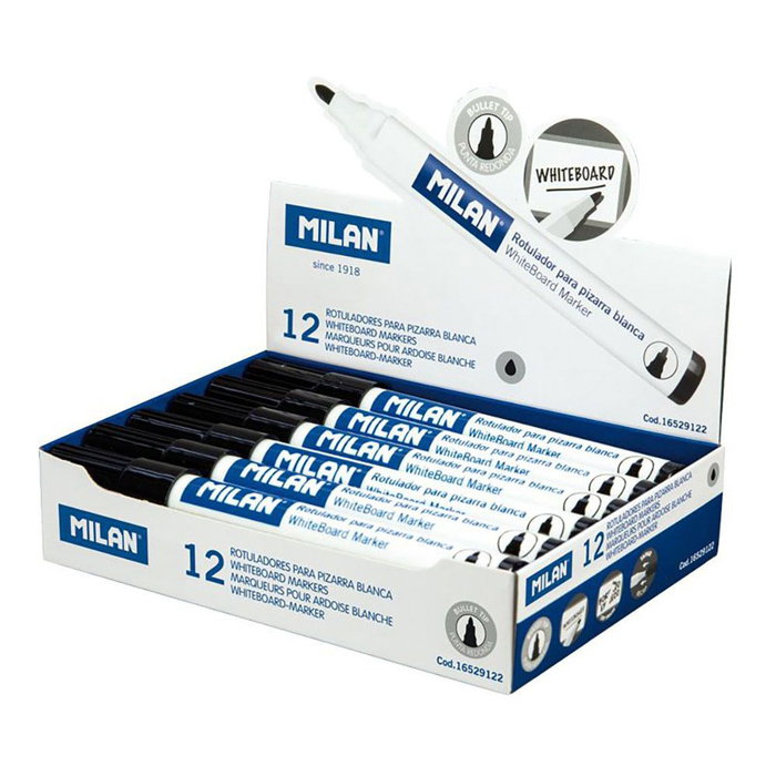 Milan Caja de 12 Rotuladores para Pizarra Blanca, Punta Redonda, Negro Milan Caja de 12 Rotuladores para Pizarra Blanca, Punta Redonda, Negro
