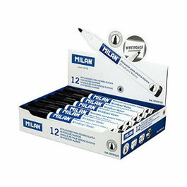 Milan Caja de 12 Rotuladores para Pizarra Blanca, Punta Redonda, Negro