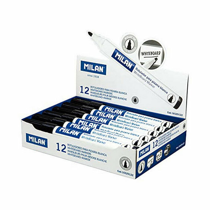 Milan Caja de 12 Rotuladores para Pizarra Blanca, Punta Redonda, Negro Milan Caja de 12 Rotuladores para Pizarra Blanca, Punta Redonda, Negro