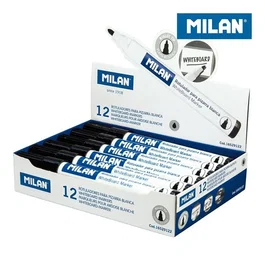 Milan Caja de 12 Rotuladores para Pizarra Blanca, Punta Redonda, Negro