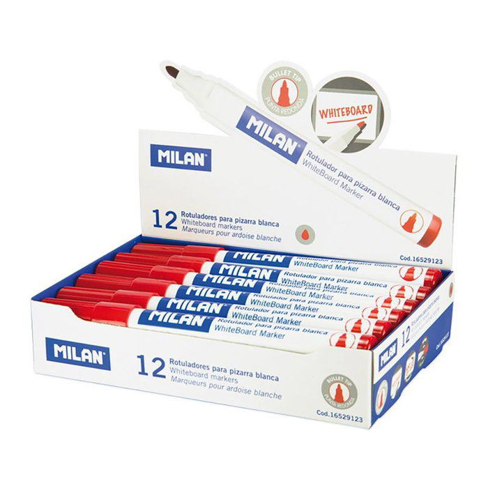 Milan Rotulador para Pizarra Blanca Rojo Punta Redonda Caja de 12 Unidades Milan Rotulador para Pizarra Blanca Rojo Punta Redonda Caja de 12 Unidades