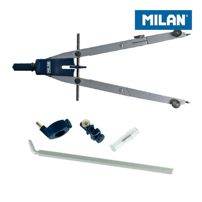 Milán Compás con Bigotera Automática de Apertura Rápida Autocentrante, Incluye Minas, Adaptador y Alargadera, Cromado 12 cm