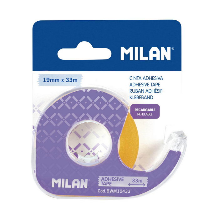 Milán Dispensador de cinta adhesiva lila con cinta transparente 19 mm x 33 m