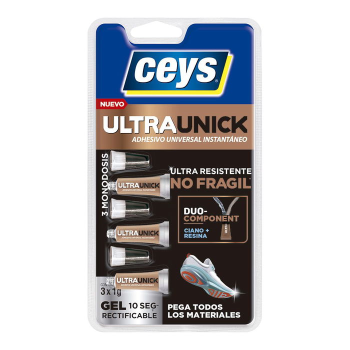 Ceys Adhesivo Ultraunick Poder Extremo Gel 3 Monodosis de 1g - Rápido, Fuerte, Flexible, para Todos los Materiales, Sin Olor Ceys Adhesivo Ultraunick Poder Extremo Gel 3 Monodosis de 1g - Rápido, Fuerte, Flexible, para Todos los Materiales, Sin Olor