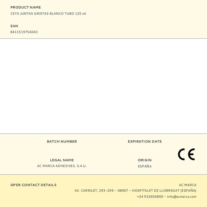 Ceys Masilla Acrílica Juntas Grietas Interior Blanco Tubo 125 ml