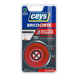 Ceys Cinta Doble Cara Extra Fuerte Transparente 19 mm x 1,5 m Máxima Resistencia Interior y Exterior
