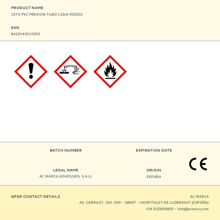 Ceys Adhesivo PVC Presión para Tubería 125 ml sin THF, Mayor Seguridad y Resistencia