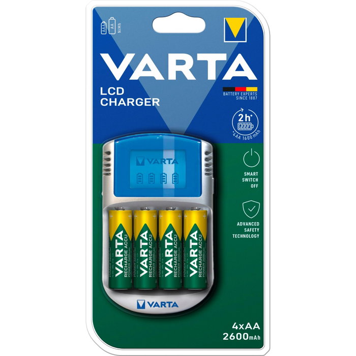 Varta Cargador de baterías LCD para pilas AA y AAA con 4 pilas incluidas Varta Cargador de baterías LCD para pilas AA y AAA con 4 pilas incluidas
