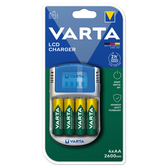 Varta Cargador de baterías LCD para pilas AA y AAA con 4 pilas incluidas Varta Cargador de baterías LCD para pilas AA y AAA con 4 pilas incluidas