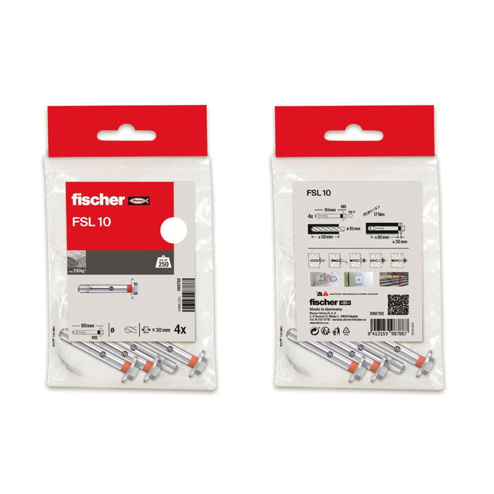 Fischer Anclaje metálico FSL 12 acabado hexagonal M10 x 70 mm, bolsa 4 uds