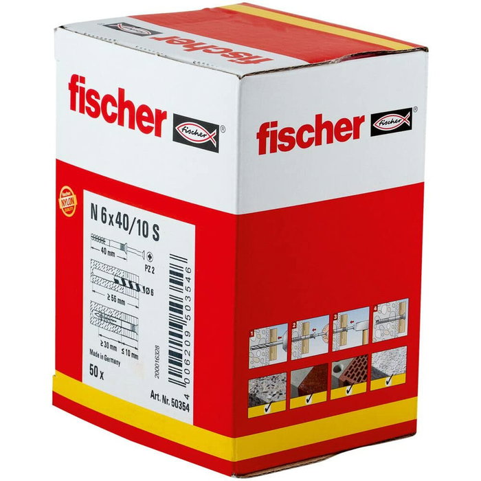 Fischer Tacos clavo de nylon ø6 x 40 mm con tornillos galvanizados, caja de 50 uds