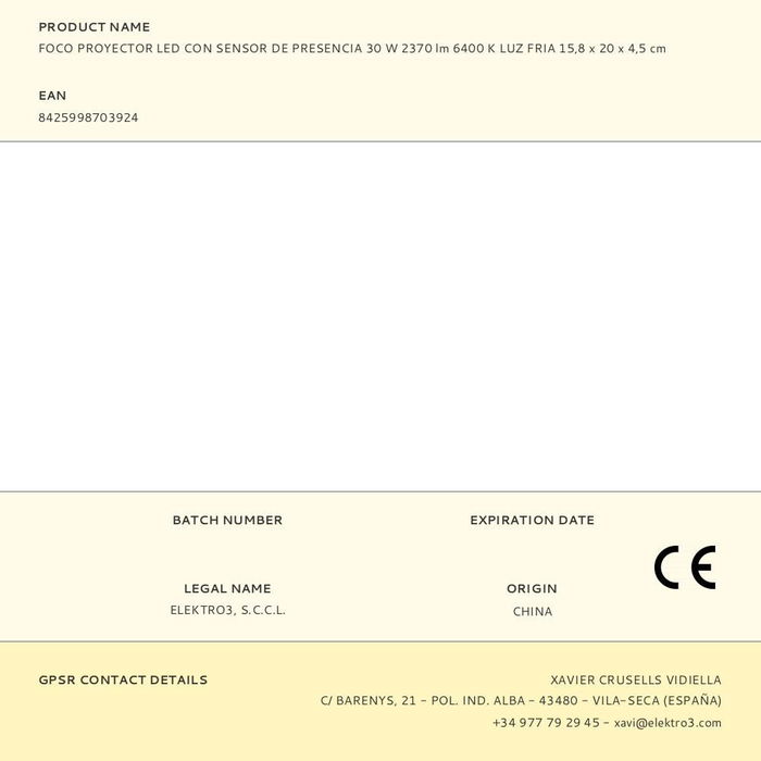EDM Foco Proyector LED 30W 2370LM con Sensor de Presencia, Luz Fría 6400K, IP65, Ángulo 120°, Alcance 2-10m, 15.8x20x4.5cm