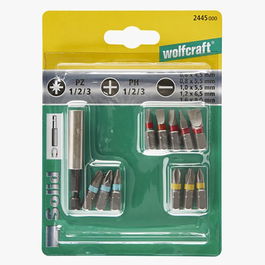 Wolfcraft Juego de Puntas con Portapuntas Magnético 2426 - 12 Piezas: Ranura 0.6-1.6mm, Phillips 1-3, Pozidriv 1-3