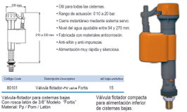 Prhie Válvula flotador Fortis inferior 3/8 latón PH80101