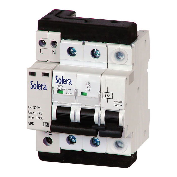 Solera Magnetotérmico 1P+N 25A + Protector Sobretensiones Permanente y Transitorio 10kA 230VCA, Hasta 25mm², 4 Módulos, UNE-EN 61643-11:2013 Solera Magnetotérmico 1P+N 25A + Protector Sobretensiones Permanente y Transitorio 10kA 230VCA, Hasta 25mm², 4 Módulos, UNE-EN 61643-11:2013