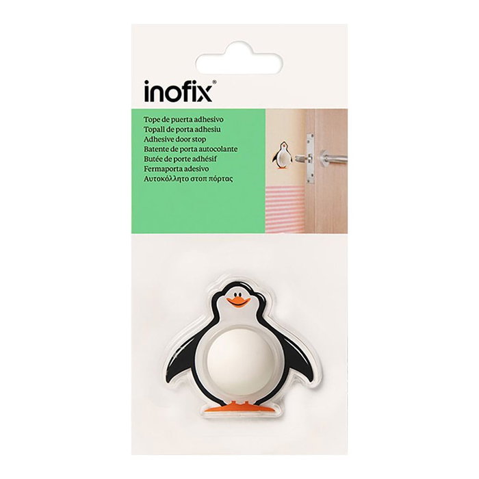 Inofix Tope de pared adhesivo infantil Pingüino 61x55x18 mm PVC flexible blanco/negro protector golpes