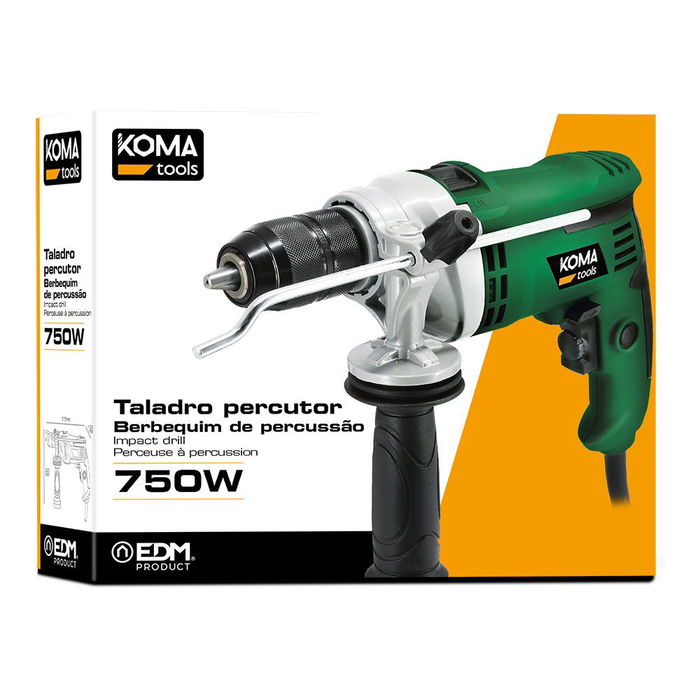 Koma Tools TP-750 Taladro Percutor 750W con Cable 2M, 0-3000 rpm, 0-48000 ipm, Portabrocas Automático 13 mm, para Perforación en Hormigón, Madera y Acero