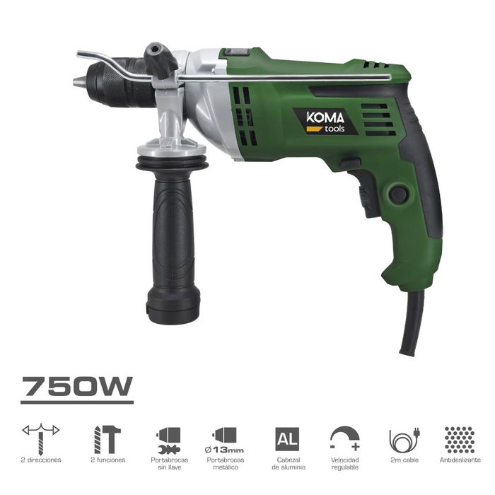 Koma Tools TP-750 Taladro Percutor 750W con Cable 2M, 0-3000 rpm, 0-48000 ipm, Portabrocas Automático 13 mm, para Perforación en Hormigón, Madera y Acero