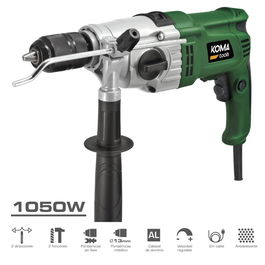 Koma Tools Taladro Percutor TP-1050, 1050W, Portabrocas Automático Ø13mm, Cable 2m, 0-2800 RPM, para Madera, Acero y Hormigón, Color Negro/Verde