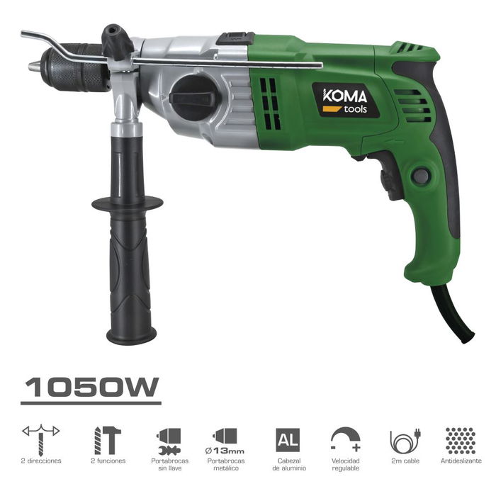 Koma Tools Taladro Percutor TP-1050, 1050W, Portabrocas Automático Ø13mm, Cable 2m, 0-2800 RPM, para Madera, Acero y Hormigón, Color Negro/Verde
