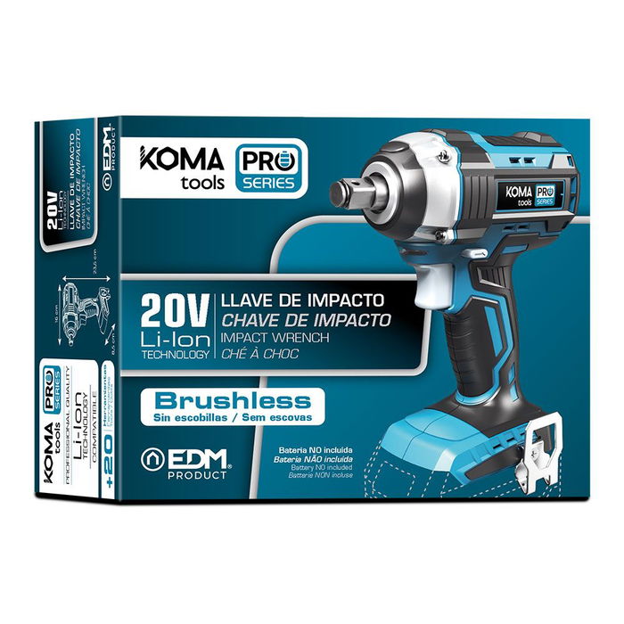 Koma Tools Llave de Impacto Brushless 20V 280Nm, Sin Batería Ni Cargador, 1/2", 0-2300RPM, Luz LED, Portaherramientas, Clip Colgar - Pro Series