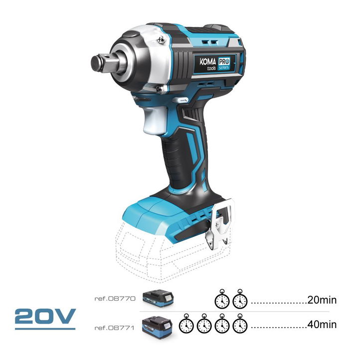 Koma Tools Llave de Impacto Brushless 20V 280Nm, Sin Batería Ni Cargador, 1/2", 0-2300RPM, Luz LED, Portaherramientas, Clip Colgar - Pro Series